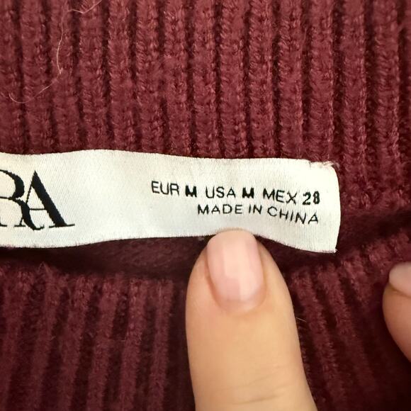 ZARA Cropped Knit Sweater Burgundy Ribbed Hem Crew Neck Long Sleeve Womens M Top - Picture 5 of 7